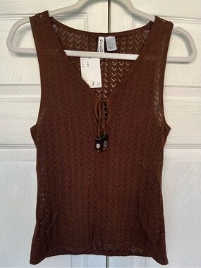 H&M POINTELLE-KNIT TIE BEAD DETAIL SLEEVELESS TOP Brown M size NWT